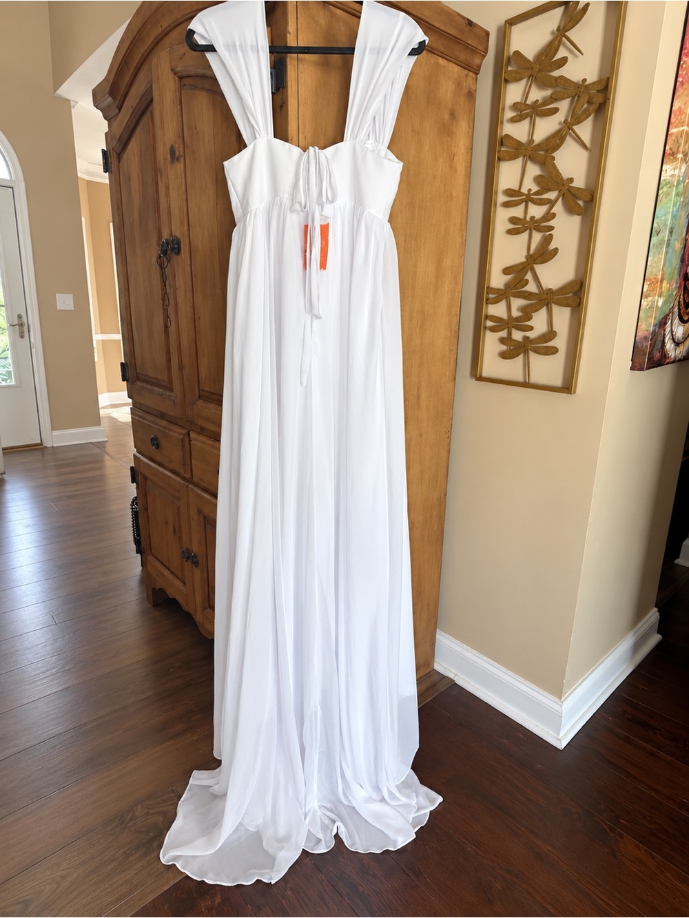 White Chiffon Empire Waist Wedding Dress with Wide Straps with Corset Back - Picture 3 of 7